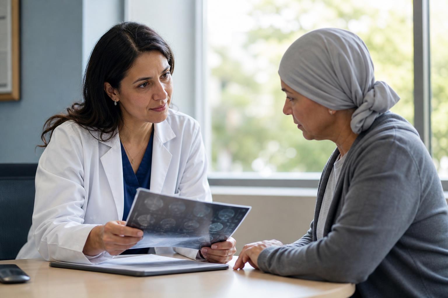 Doctor compassionately reviewing medical reports with a patient in a modern clinic