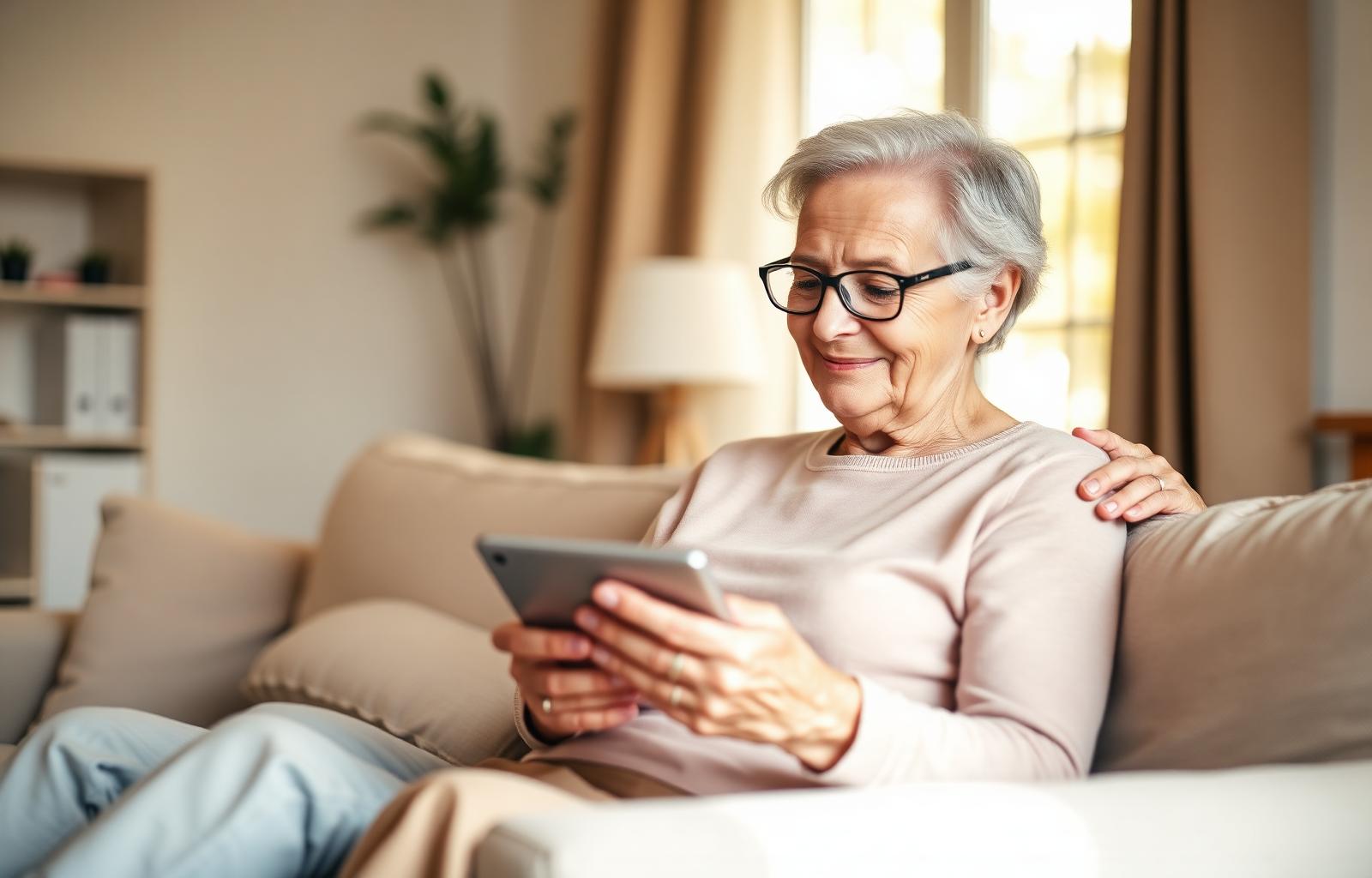 Senior patient calmly reviewing her case on a tablet at home